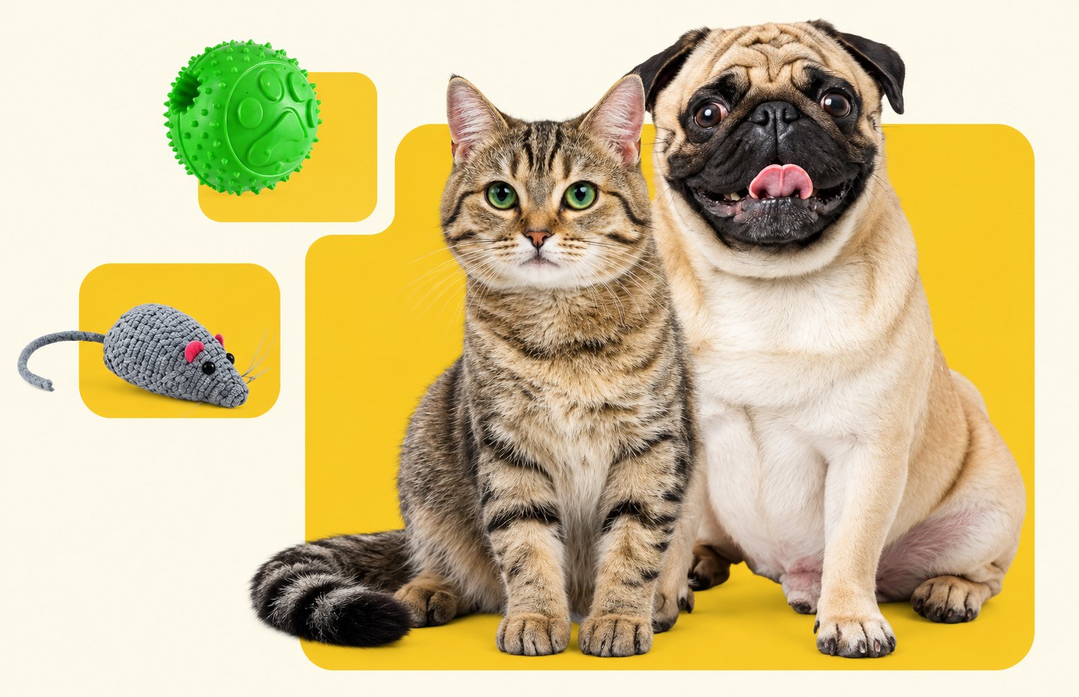 Gato y perro pug con juguetes HiDogo